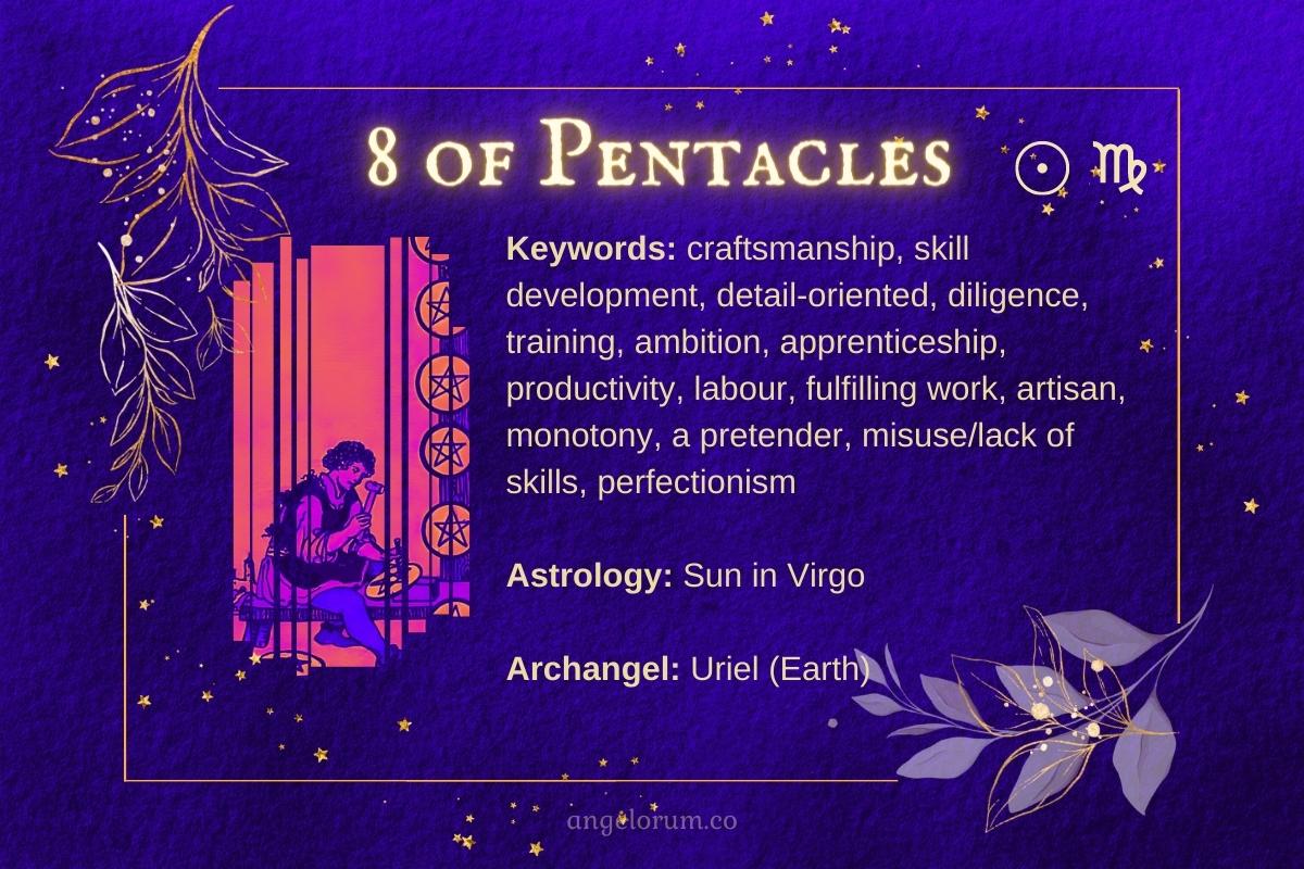8 of Pentacles Sun in Virgo Angelic Tarot Card Meanings Keywords and Correspondences