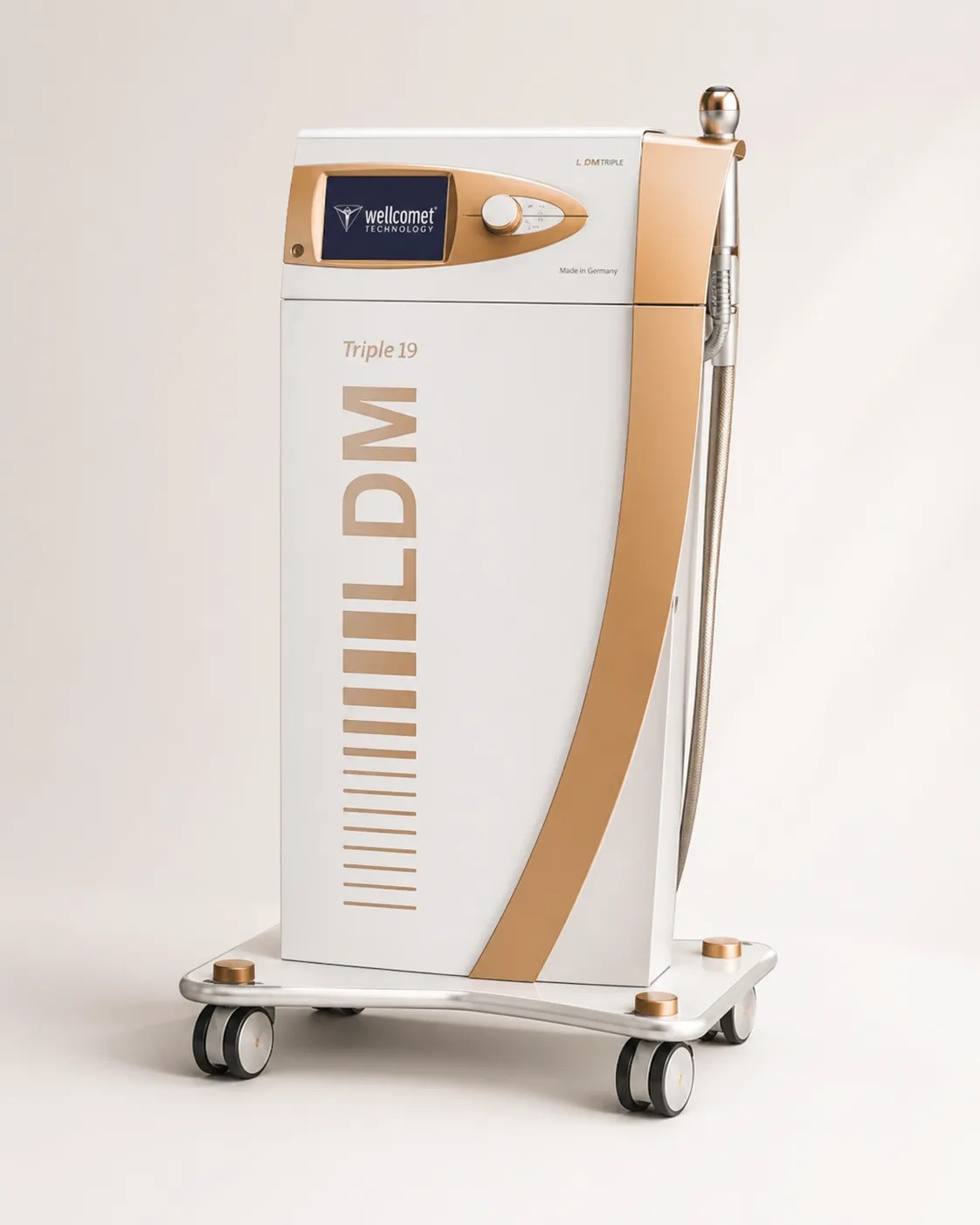 LDM® Triple regenerative ultrasound device used for non-invasive skin treatments, shown in a clinical studio setting