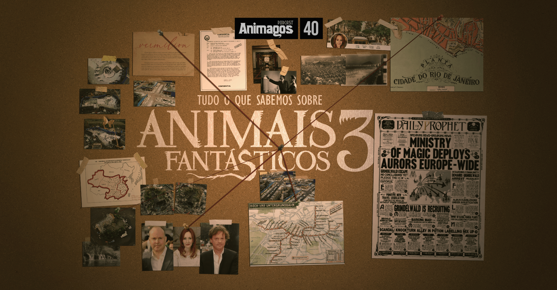 Um quadro de cortiça com muitos documentos relacionados ao filme, inclusive as fotos do post.