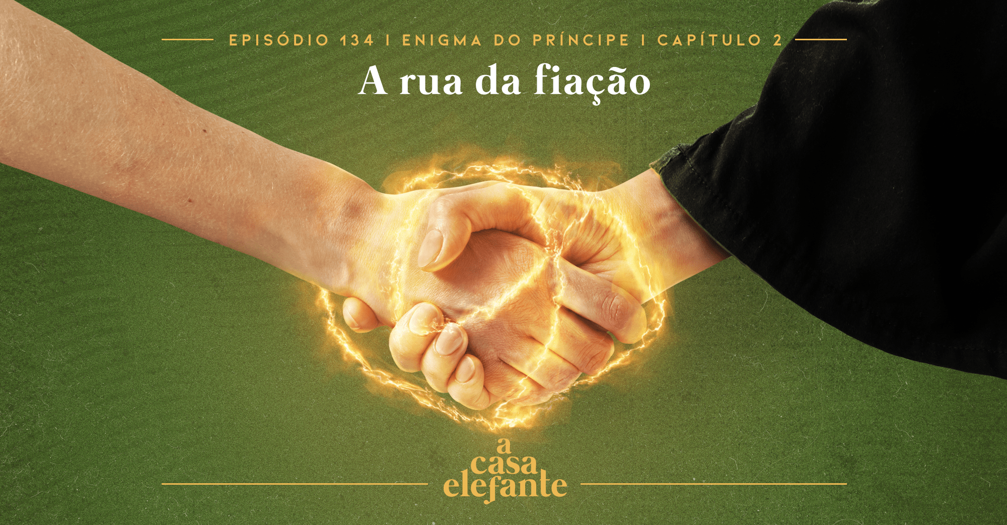 Fundo verde escuro com textura envelhecida. Em cima há informações sobre o episódio, e na parte inferior, o logo do podcast em amarelo. Em destaque, as mãos de Narcisa e Snape fazendo o Voto Perpétuo. Eles são as mãos e, em volta delas, há correntes de fogo.