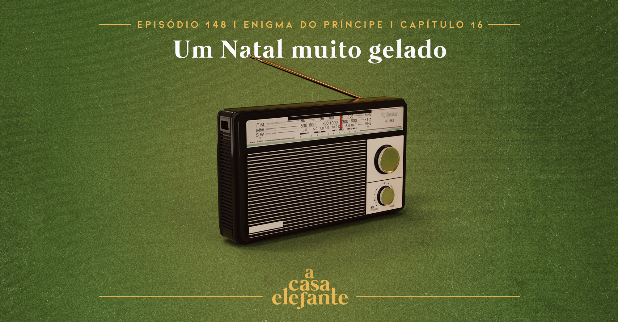 Fundo verde escuro com textura envelhecida. Em cima há informações sobre o episódio, e na parte inferior, o logo do podcast em amarelo. Em destaque, um rádio antigo.