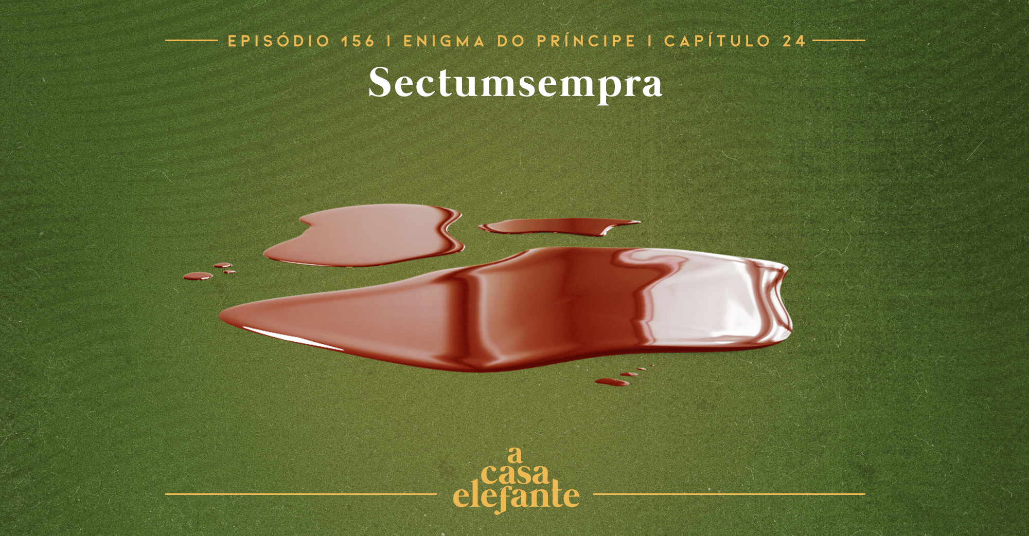 Fundo verde escuro com textura envelhecida. Em cima há informações sobre o episódio, e na parte inferior, o logo do podcast em amarelo. Em destaque, poças de sangue.