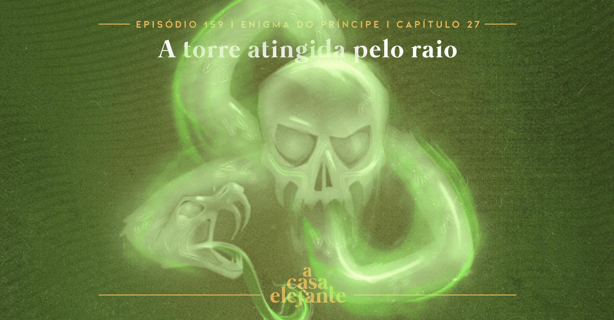 Fundo verde escuro com textura envelhecida. Em cima há informações sobre o episódio, e na parte inferior, o logo do podcast em amarelo. Em destaque, a Marca Negra, um crânio com uma cobra saindo da sua boca.