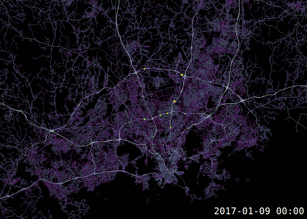 Traffic measurement points from Helsinki region for one week. Size = traffic amount and color = avg speed · Data: http://www.liikennevirasto.fi/web/en/open-data/materials/tms-data#.WS0DPevygV0