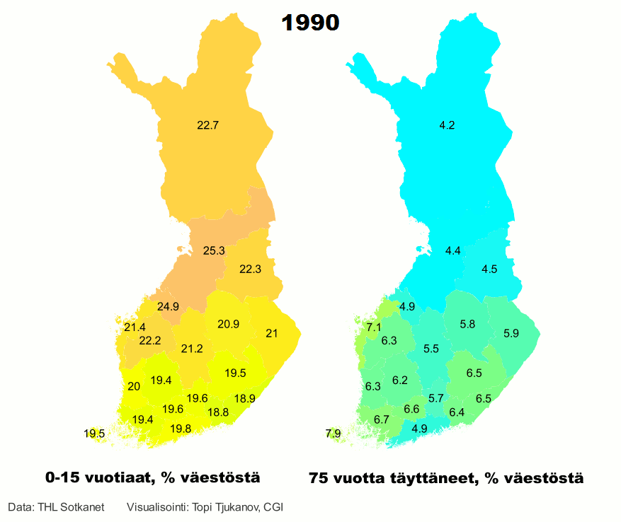 Share of under 15 year olds and over 75 year olds from the total population in Finland from 1990 to 2040. · Data: https://www.sotkanet.fi/sotkanet/en/haku