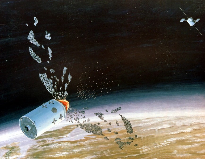 Space weapons history showing an anti-satellite ASAT weapon in orbit