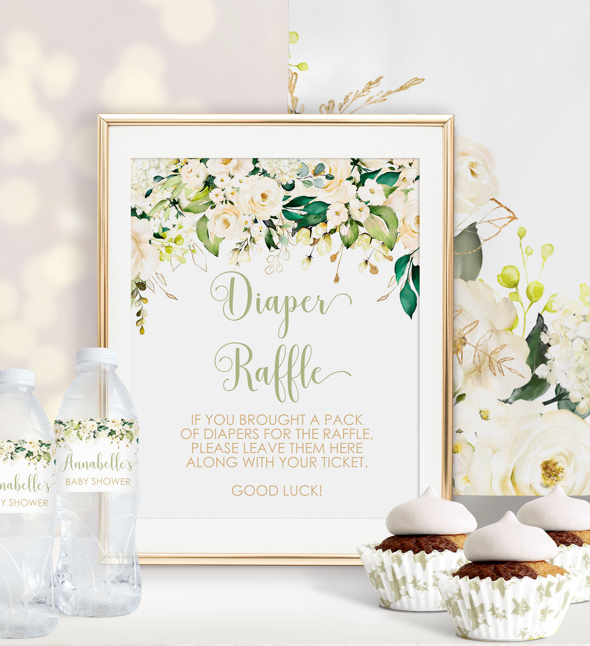 Printable White Floral Diaper Raffle Sign
