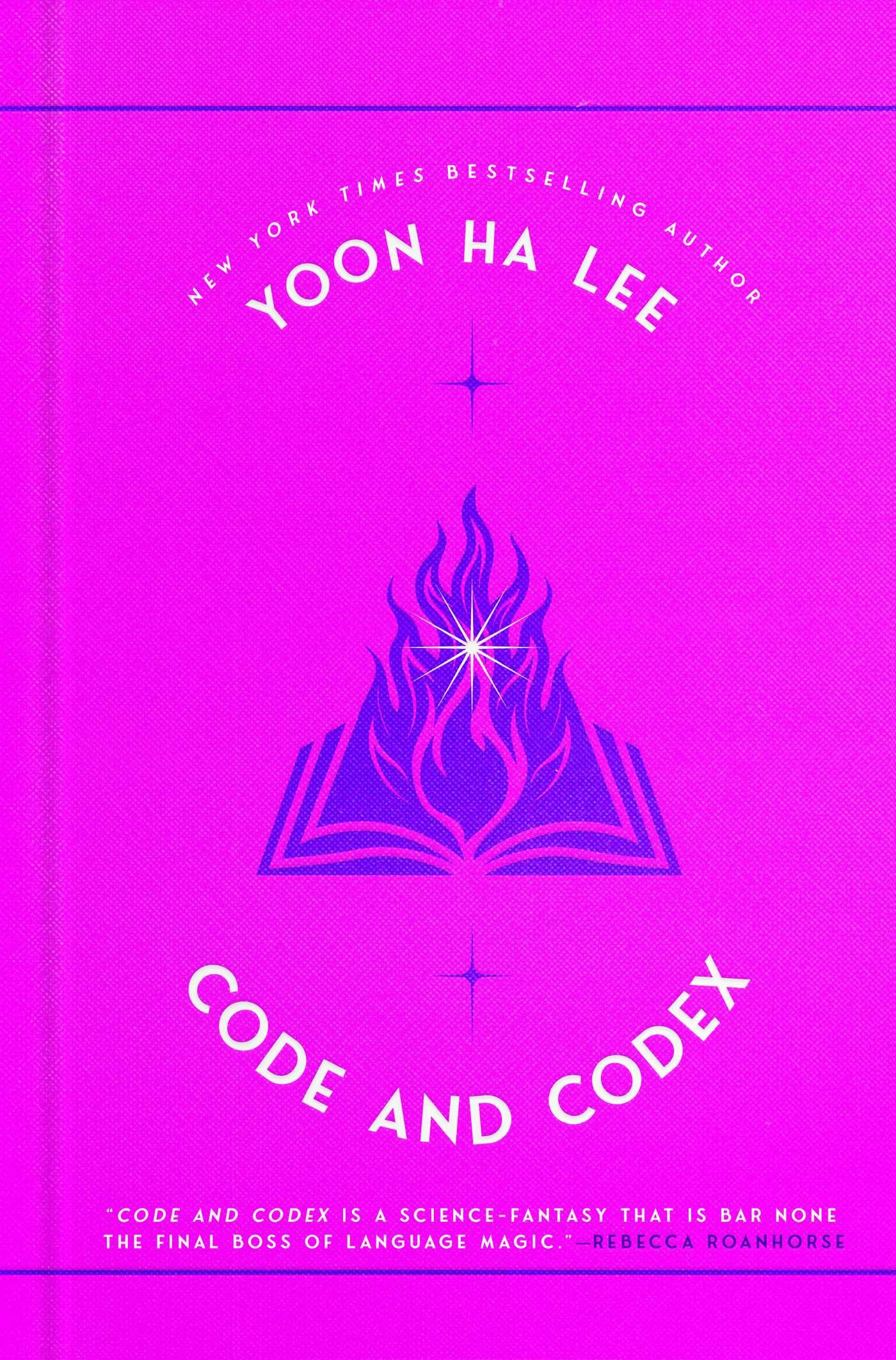 A bright magenta book with a castle in dark purple titled Code and Codex by Yoon Ha Lee