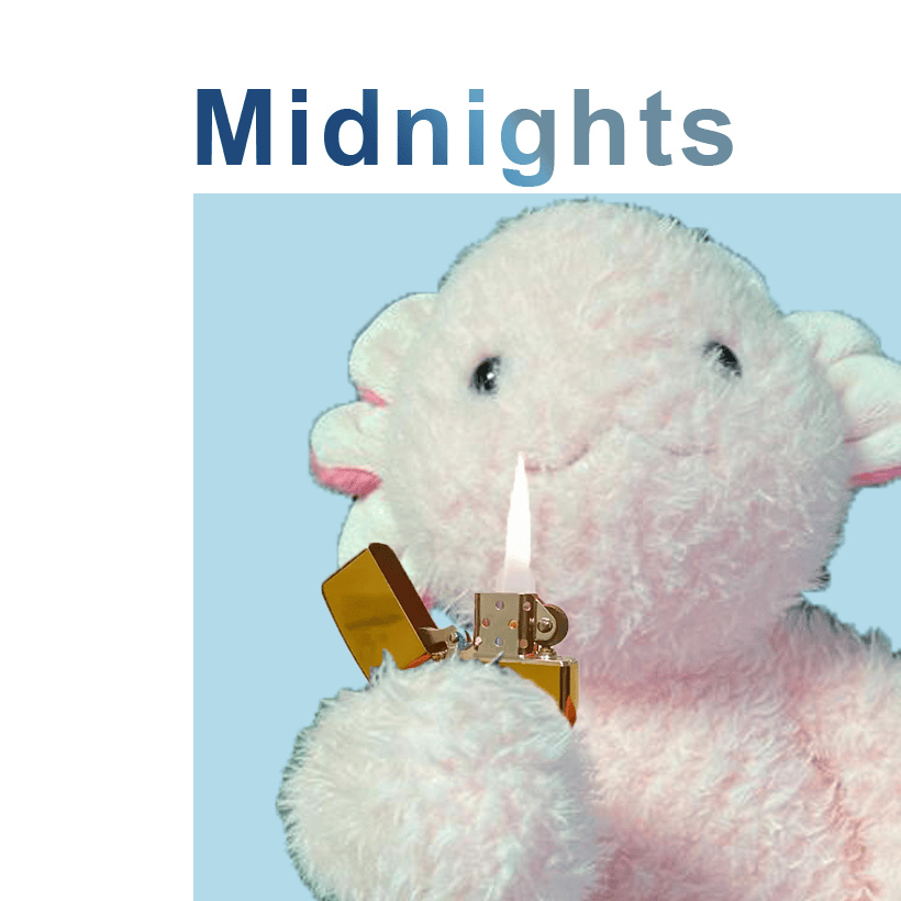 Pink axolotl stuffed animal holding a gold lighter with the text "Midnights" written at the top