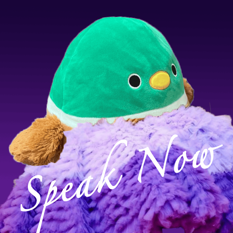 Duck stuffed animal wearing a big fluffy purple tutu and the text "Speak Now" written across the skirt