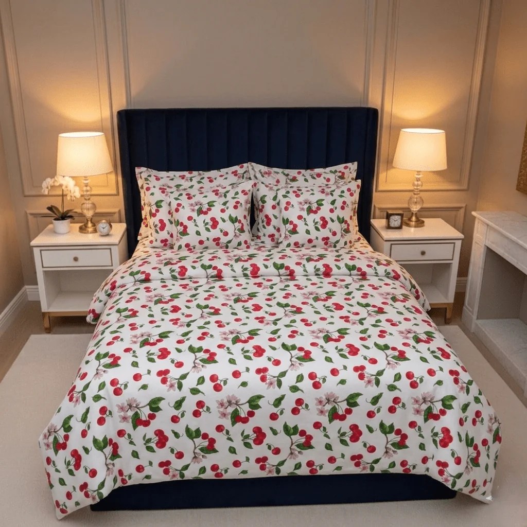 Lenjerie de pat din bumbac 100% ranforce cu imprimeu cireșe roșii și flori, model Cherry Garden, realizată în atelierul Annatex