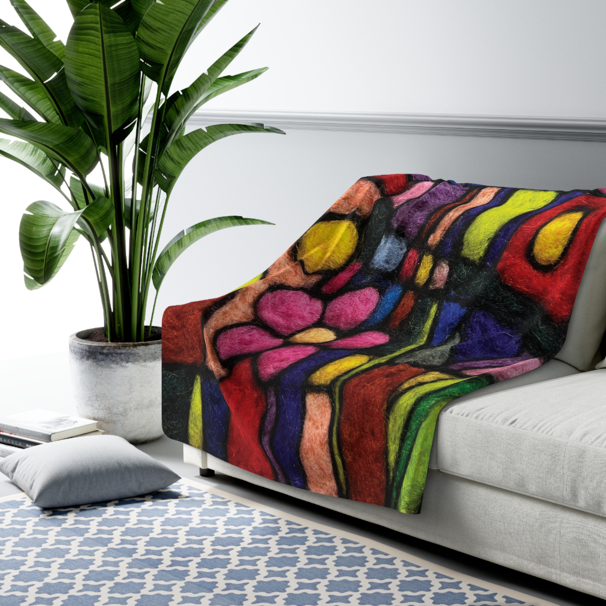 Cubist Floral Sherpa Fleece Blanket  Needle Felted Stained Glass Design by Anne Manera
