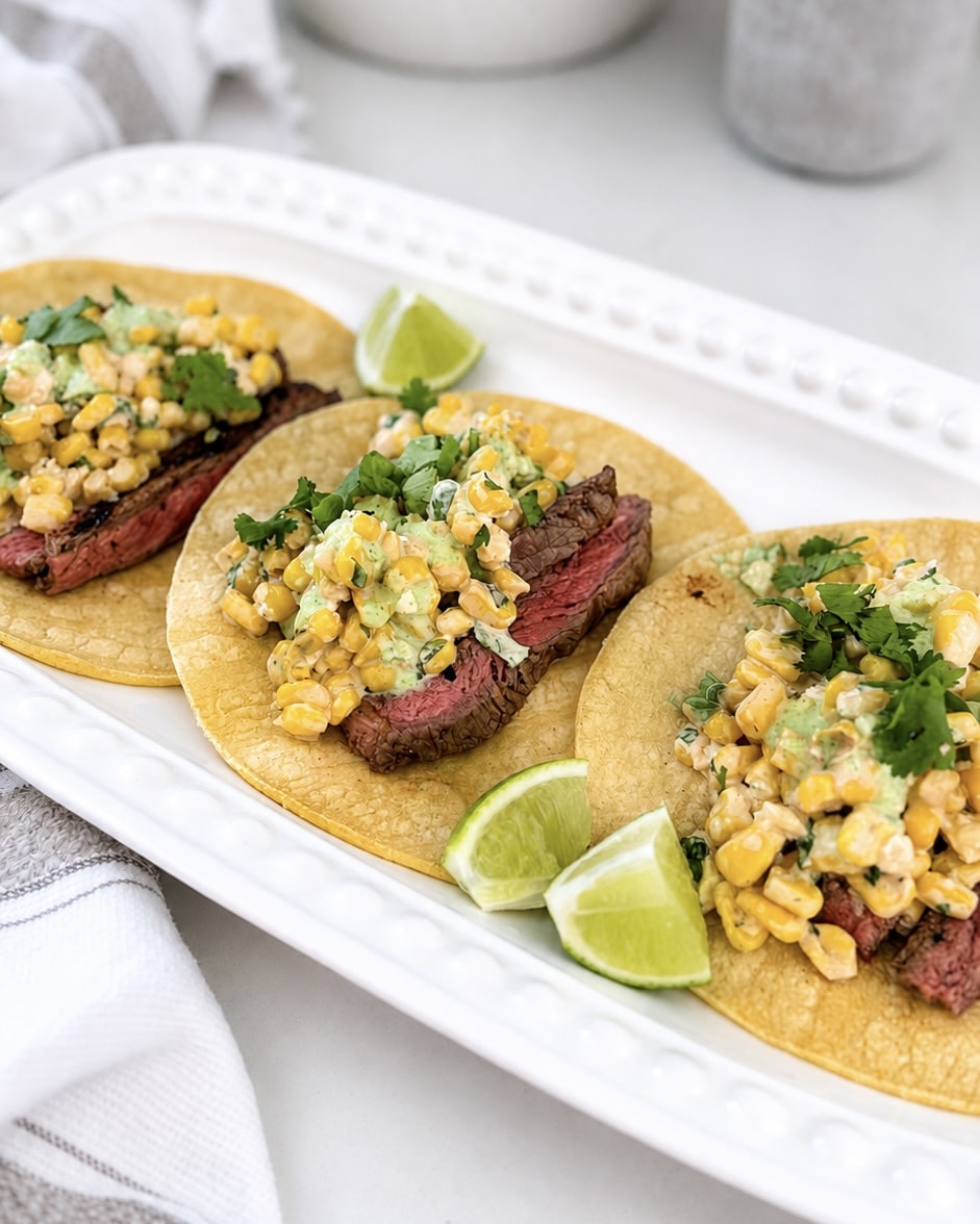 Tacos de steak grillé, maïs façon élote et crème lime-jalapeño