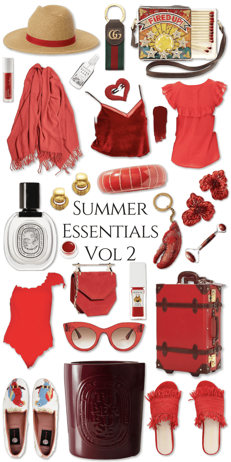 Red Summer Essentials Vol 2 by Annie Fairfax Steamline Luggage Gucci Straw Hats Diptyque Perfume Mary Frances Handbags Velvet Top Romantic Red Outfit Cruelty Free Beauty Products
