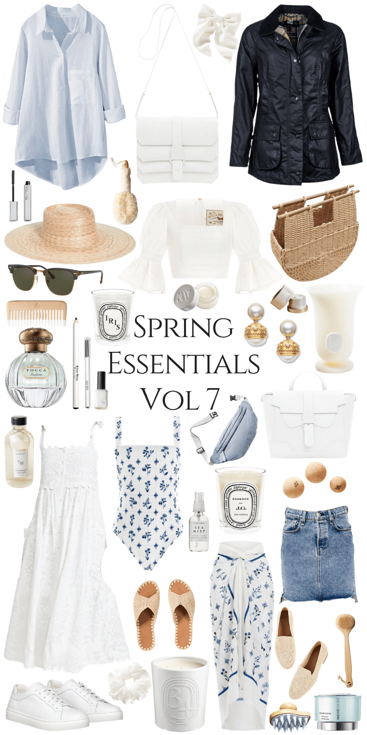 Spring Style Essentials Volume 7 Annie Fairfax curates a gentle spring time style palette for warmer weather, spring break, and vacations. Featuring an Agua by Agua Bendita top, block print pareo cover up skirt, Carrie Forbes sandals, handmade woven basket bag, Julie Vos earrings, Barbour jacket, Senreve handbags, and sustainable clean beauty Kjaer Weis makeup. Find vacation ready styles, travel bags, swimwear, block prints, woven shoes, rattan basket bags, and other spring accessories & style inspiration in this post!