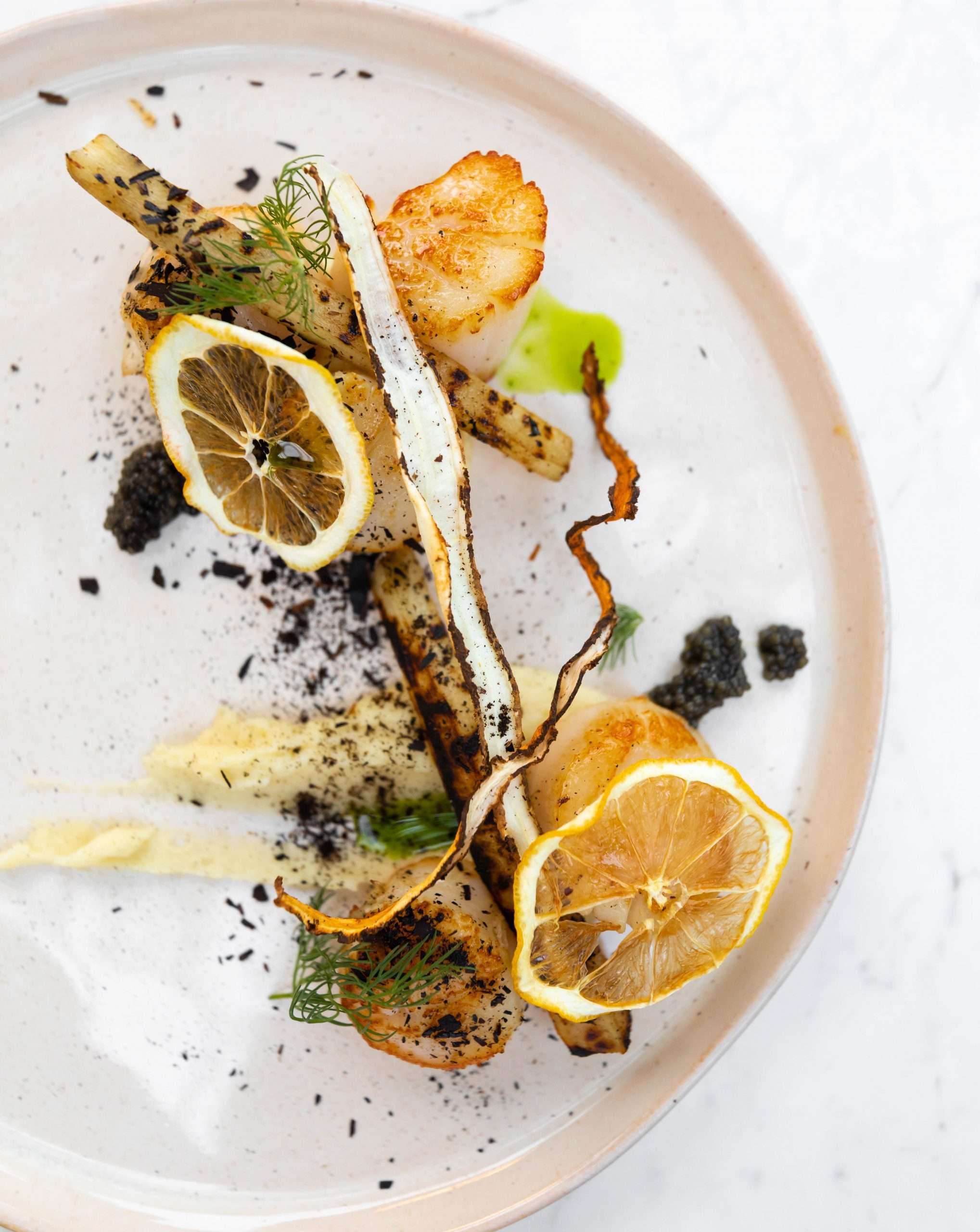Scallops Parsnips and Salsify at The Veranda Restaurant Inside Balance Rock Inn in Bar Harbor, Maine Photographed and Written by Luxury Travel Writer Annie Fairfax