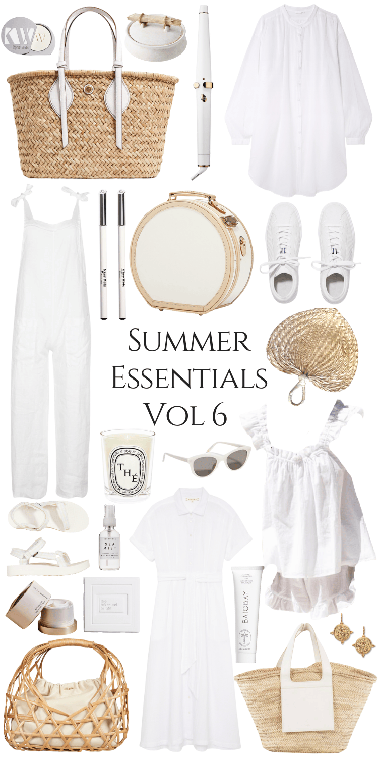 Summer Essentials Volume 6 by Annie Fairfax Linen Jumpsuit Rothy's White Tennis Shoes Steamline Luggage Vintage Hat Box Diptyque Kjaer Weis Baiobay Pamela Munson Market Tote 9Seed Herbivore Botanicals Xirena Linen Collar Dress Julie Vos Earrings Duom For Women Straw Bag by Annie Fairfax Summer Warm Weather OOTD Style Aesthetic Outfit Ideas