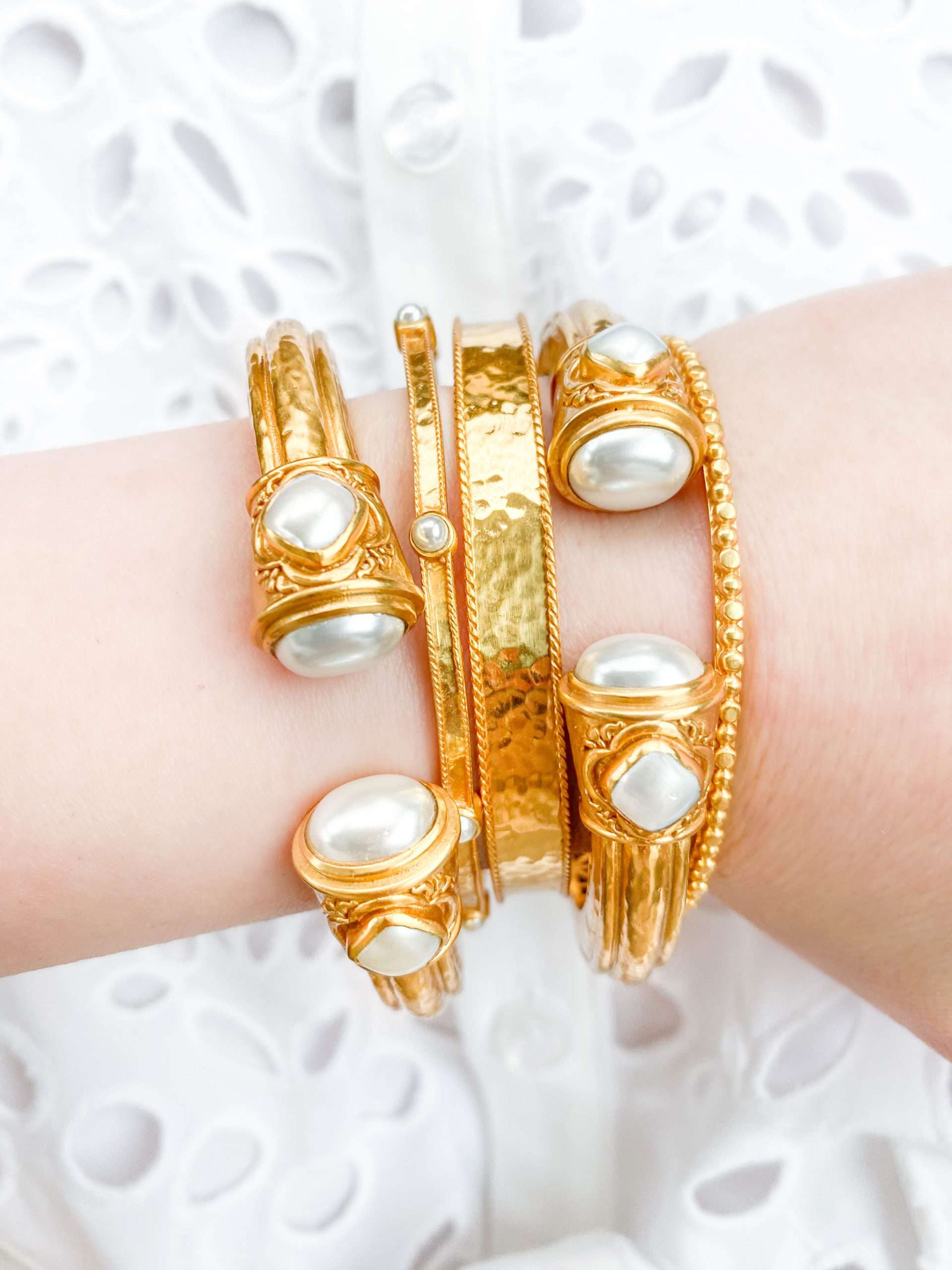 Julie Vos Bracelet Stack with Lilly Pulitzer White Cotton Eyelet Amrita Dress Styled by Annie Fairfax