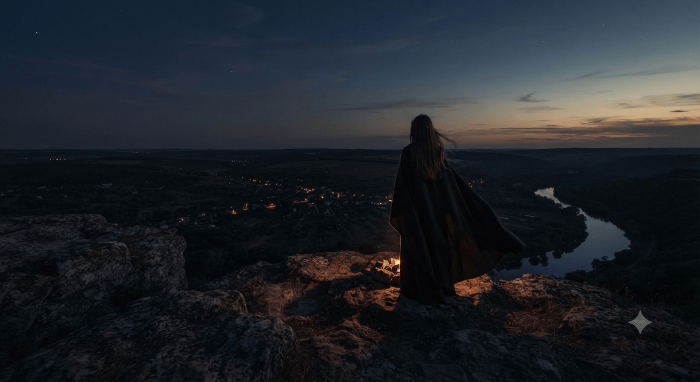 a figura solitaria de espaldas, envuelta en una capa oscura, de pie sobre un acantilado rocoso al anochecer. Contempla un valle iluminado a lo lejos y un río serpenteante bajo un cielo crepuscular estrellado. El ambiente transmite tranquilidad, misterio y dominio del entorno.