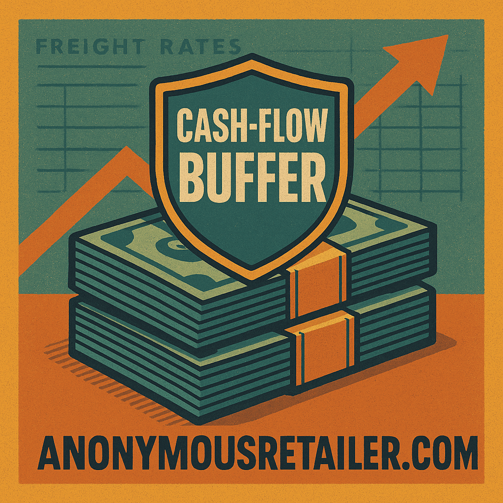 Retro pop-art graphic shows a shield reading “CASH-FLOW BUFFER” over stacked dollar bills, an upward freight-rate arrow, and “anonymousretailer.com” in bold—symbolizing liquidity protection for retailers.