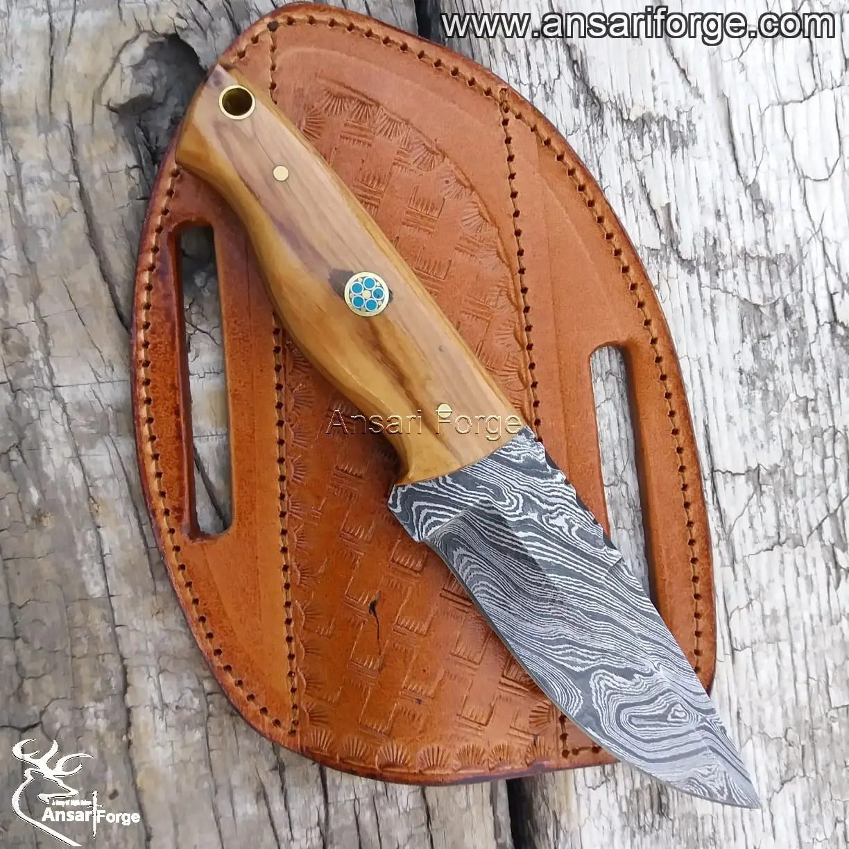 hand-forged Damascus steel blade featuring a unique twist pattern and grind lines.