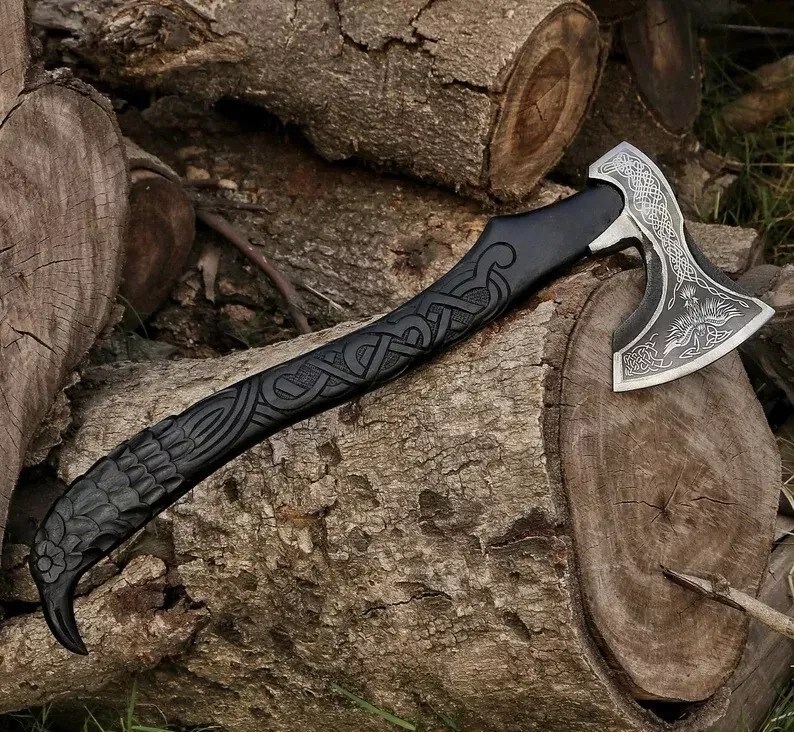 thumbnail image 2 of VikingsBrand Hand-Forged Viking Battle Axe - Odin & Ravens Design With Leather Sheath 2 of 13