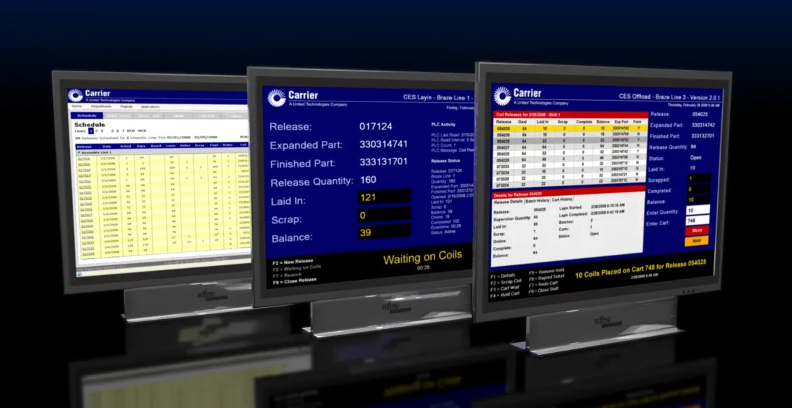 Three computer monitor screens showing different manufacturing applications