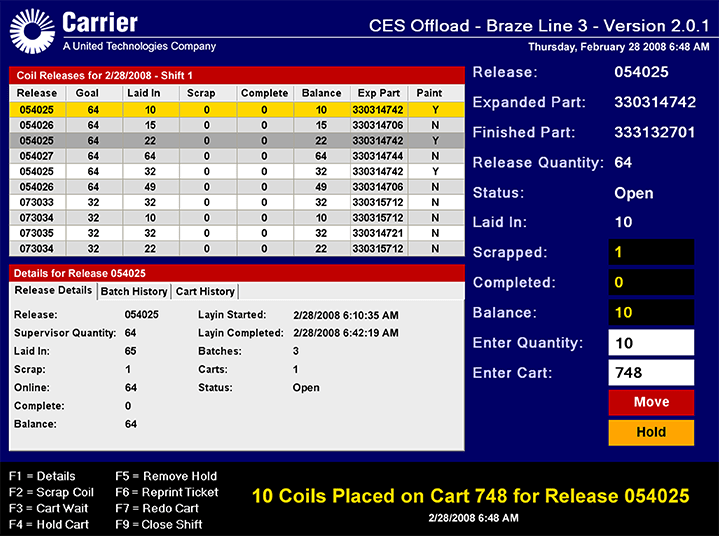 A computer interface showing a manufacturing offload of products