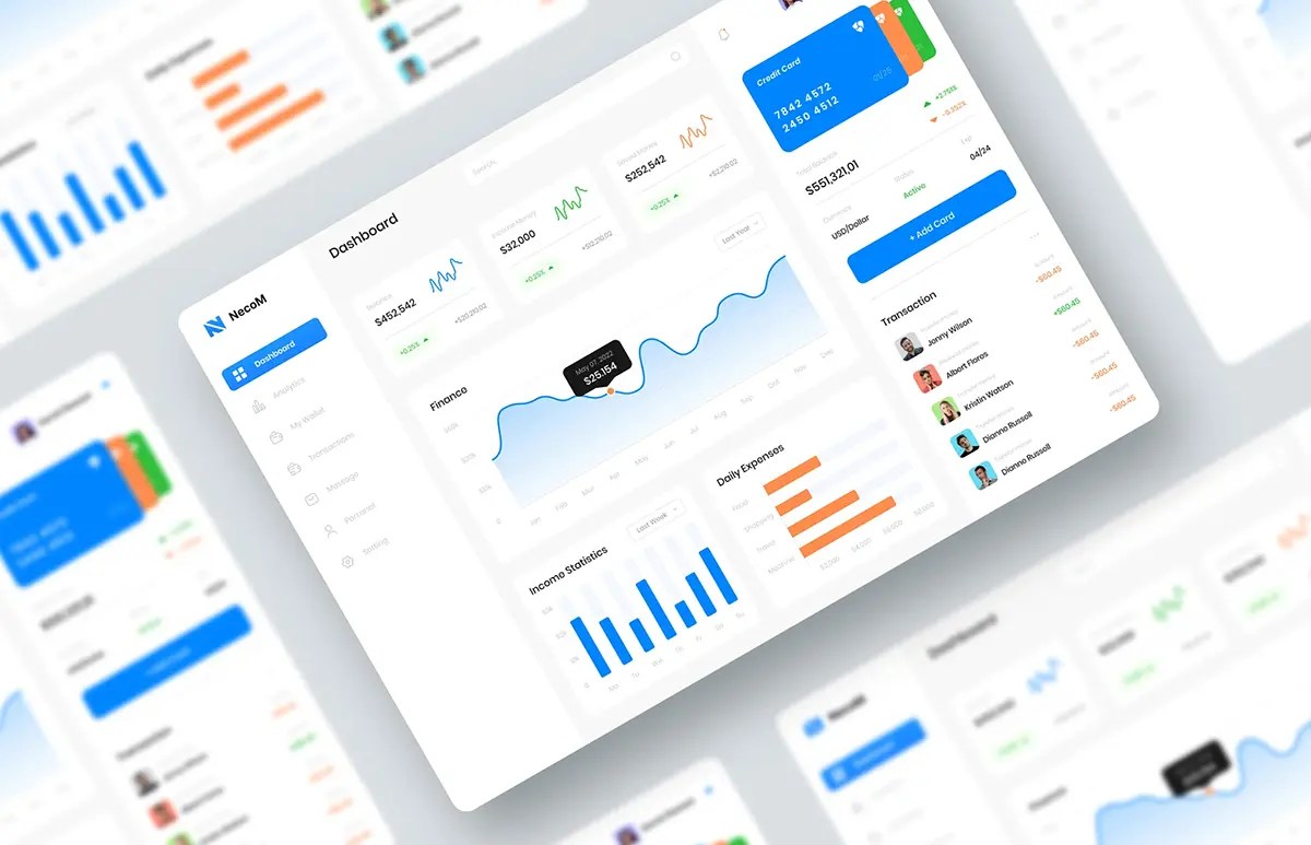 Colorful website dashboard layouts laying at an angle