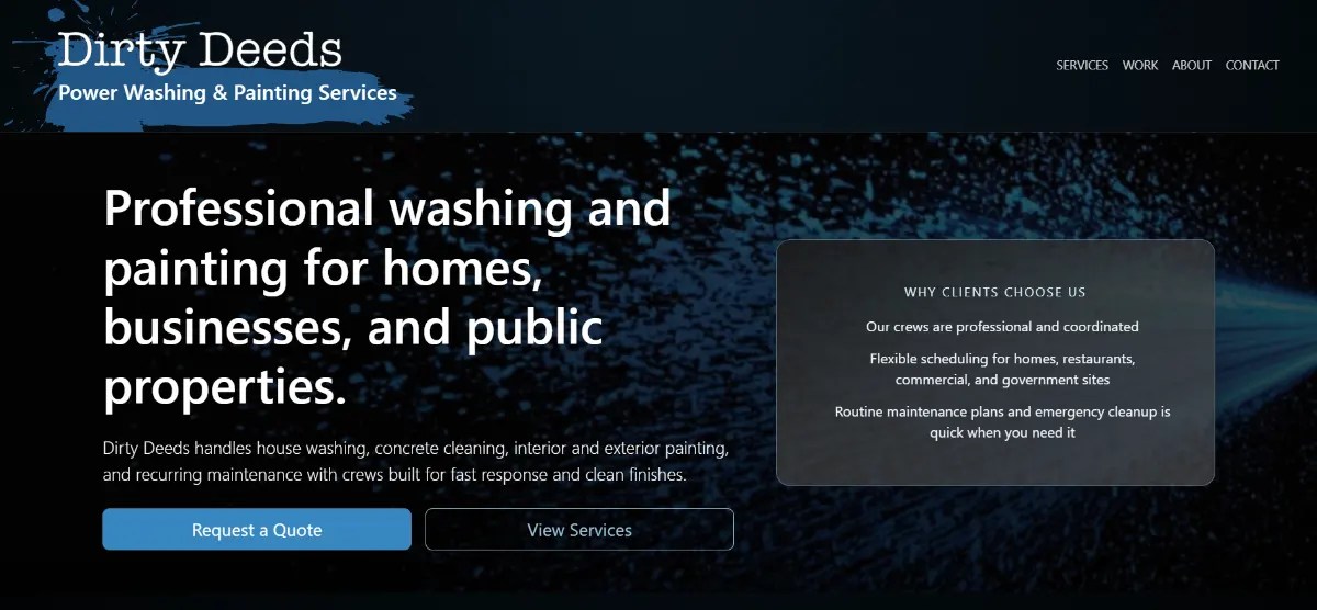 A screen capture of the Dirty Deeds Power Washing & Cleaning website on a dark background