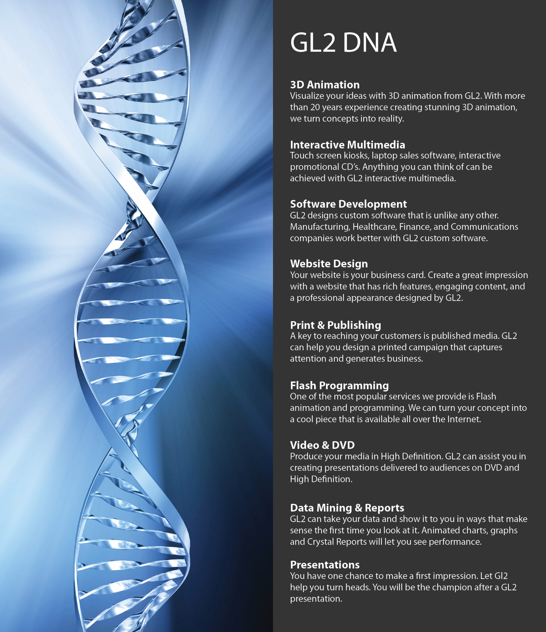 Inside of two page brochure with DNA strand and text