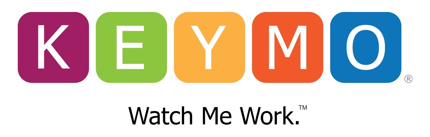 A colorful logo resembling computer keys spelling the work KEYMO with a slogan Watch Me Work