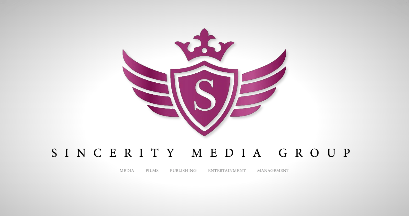 Magenta Sincerity Media Group logo over a gradient white background with links: media, films, publishing, entertainment, and management below the title