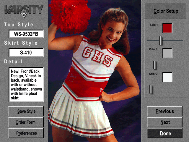 User interface of cheerleader outfit designer