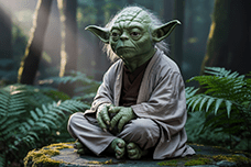 Yoda sitting on a stone in a forest in contemplation