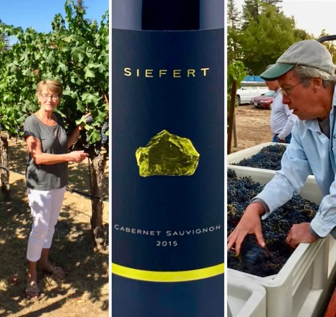 Elaine Siefert posing in her vineyard.(left) "The Rock" on the label of a bottle of Siefert wine (center). Jeff Siefert examining the grape harvest. (right)