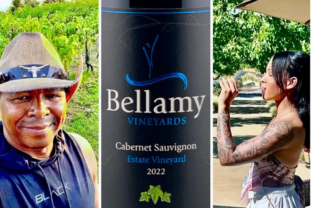 Dr. Bellamy working his vineyard. (left) A bottle of Bellamy Vineyards Cabernet Sauvignon. (center) Lilliana Goins, creator of Mariposita Rosè. (right)