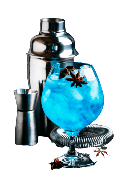 cocktail shaker with blue ANTI mixed drink