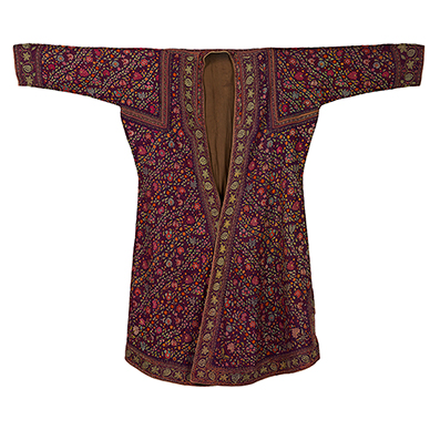 EMBROIDERED PASHMINA ROBE KASHMIR, LATE 19TH CENTURY Handspun and handwoven Pashmina, hand embroidered, natural dyes Length 51.75 in (132 cm), Sleeve span 61.75 in (157 cm)