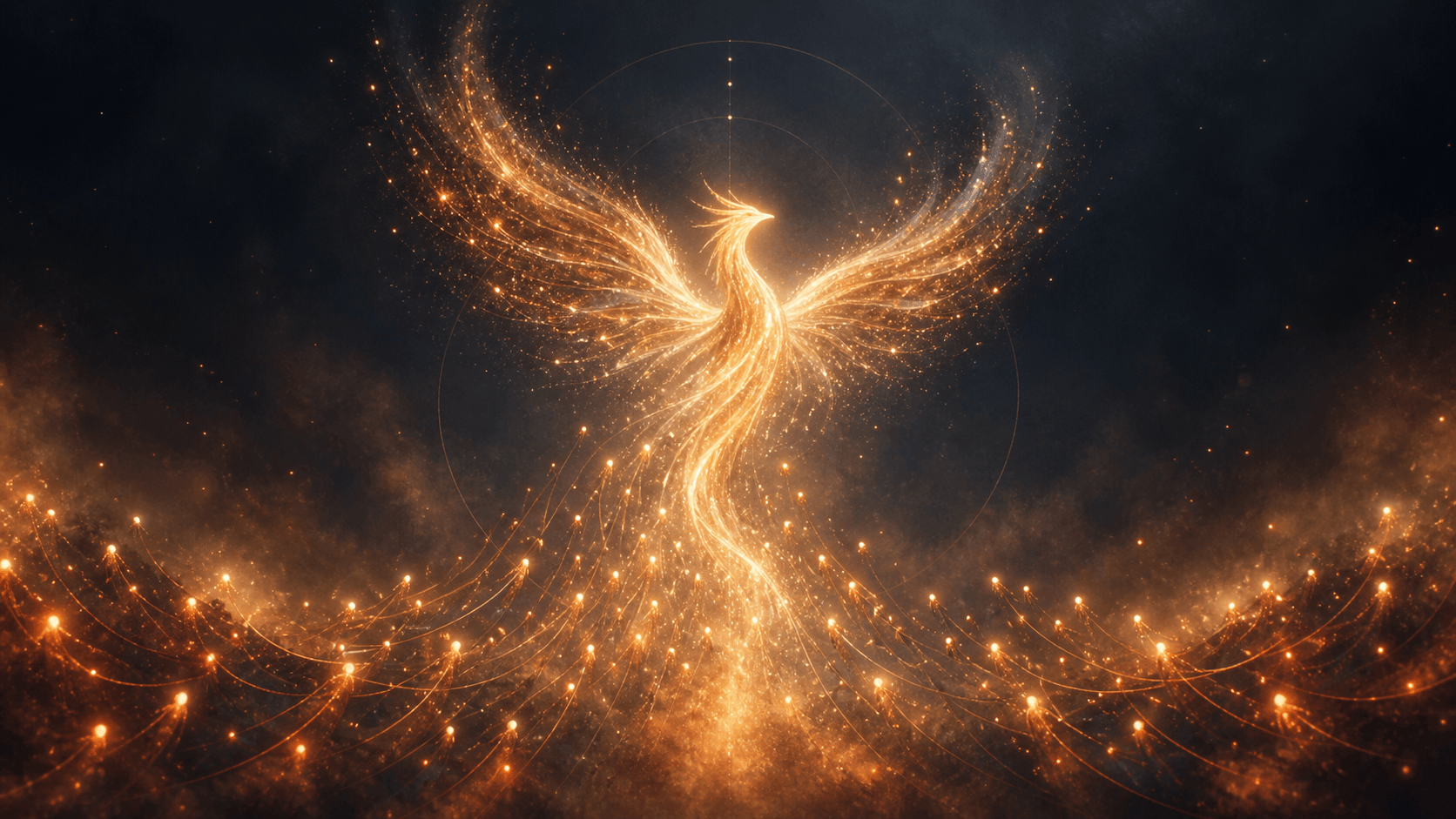 Many separate embers converging into one rising Phoenix