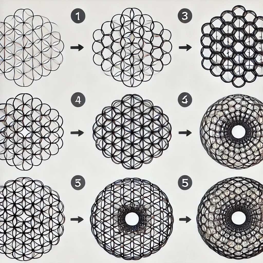 flower steps Grayscale 3×3 grid of flower-like fractal medallions, concentric petaled rings.