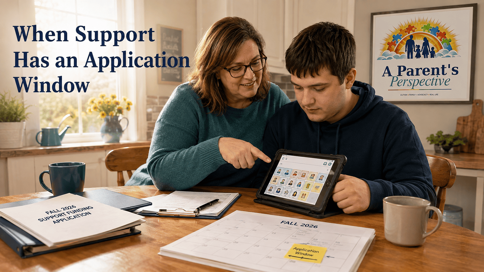 A caregiver reviews a support-funding application beside an autistic young adult using an AAC tablet, with the A Parent’s Perspective logo framed behind them.