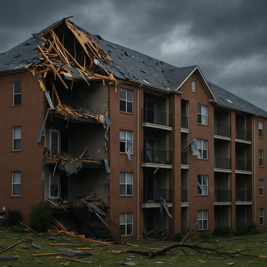 Storm-damaged apartment building with collapsed roof, broken windows, and scattered debris during heavy rain under dark clouds