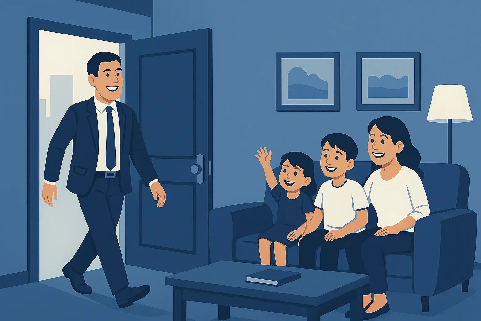 Smiling business owner entering his home while wife and children greet him happily, symbolizing work-life balance through automation.