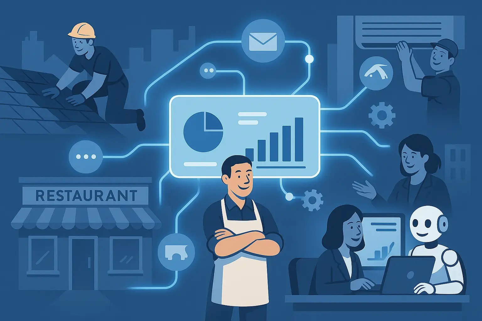 Digital illustration showing a roofer, a restaurant, and an office connected by glowing automation lines to a central dashboard, representing APB-Data&rsquo;s multi-industry automation network.