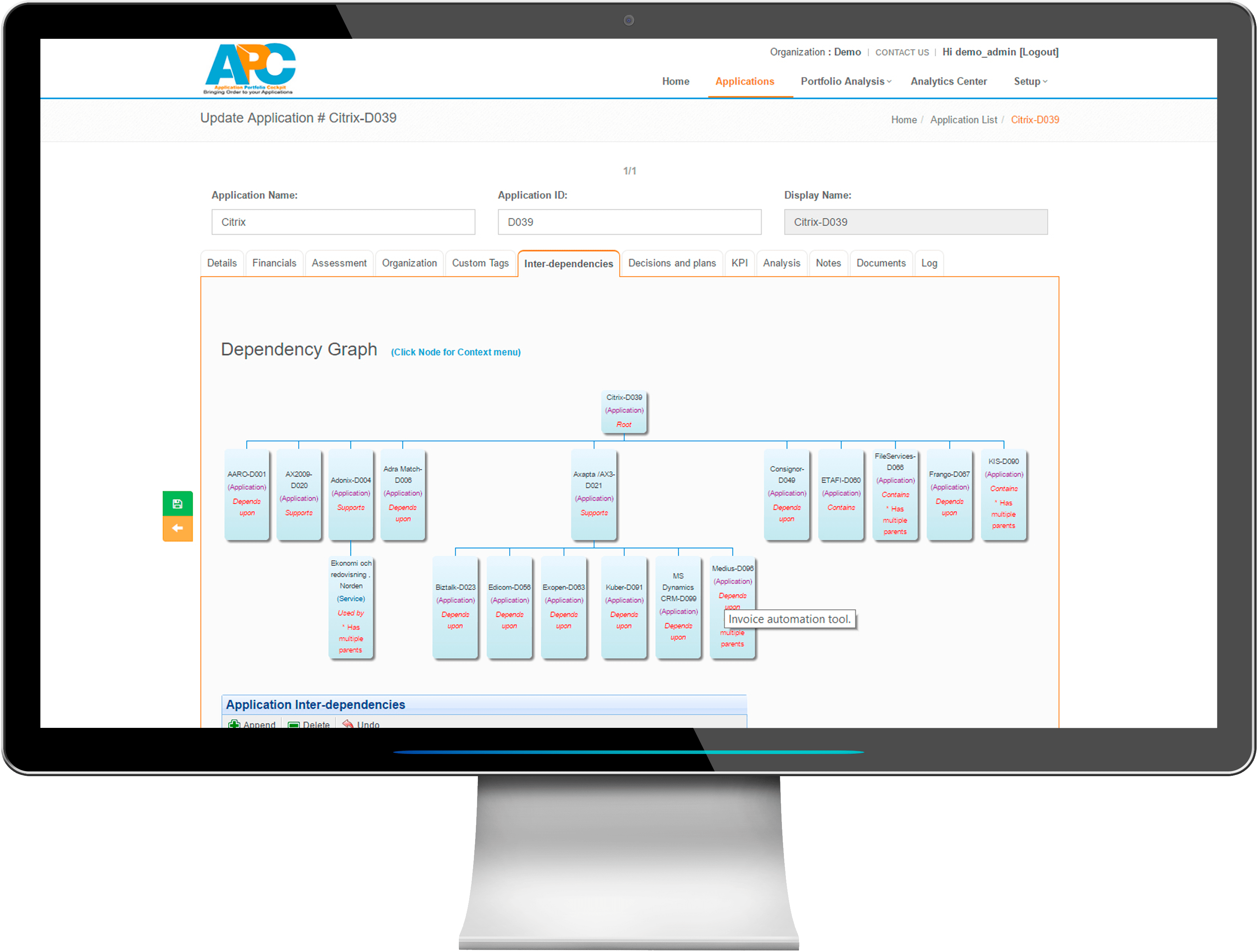 Analyser av applikationer och IT-tjänster inbördes beroende inom applikationsportföljen med APC