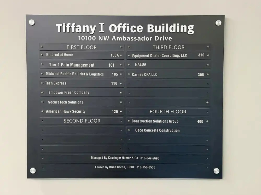 Tiffany I Office Building directory sign with clean layout and readable tenant listings