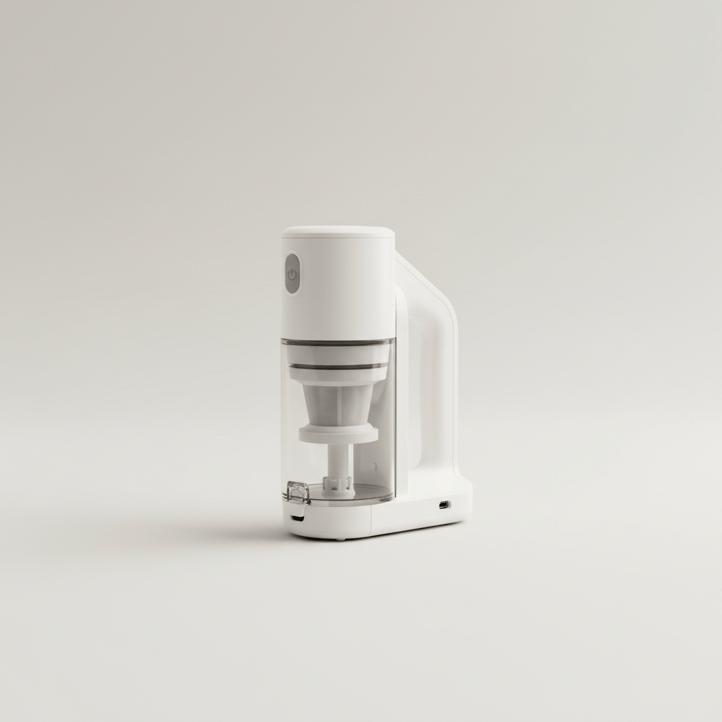 Professional e-commerce product photography of a **brandless** Cordless Handheld Vacuum Cleaner (Efficient, lightweight cleaning on the go with strong suction and long lasting battery.). The entire environment is a perfectly uniform, flat, solid color #EAE9E7 (light warm gray) with absolutely no gradient, vignette, spotlighting, texture, noise, or grain. The object is centered and tiny, occupying only 25% of the frame, surrounded by massive negative space. The background and floor are a seamless, infinite cyclorama of solid color #EAE9E7 with no horizon line, no corner, and no visible wall/floor transition. Lighting: ultra-even high-key with very strong global illumination and soft, multi-directional bounced fill (studio light tent look). Bright exposure (lifted midtones and shadows, low contrast), slightly overexposed overall while preserving product detail. Fully diffuse, no hard shadows, no cast shadows; at most a barely visible neutral contact shadow. No harsh specular highlights. Framing: simple 3/4 view. Perfectly centered. Style: ultra-clean, minimalistic. No logos, no text, no distractions. 8k resolution, sharp details on the object.