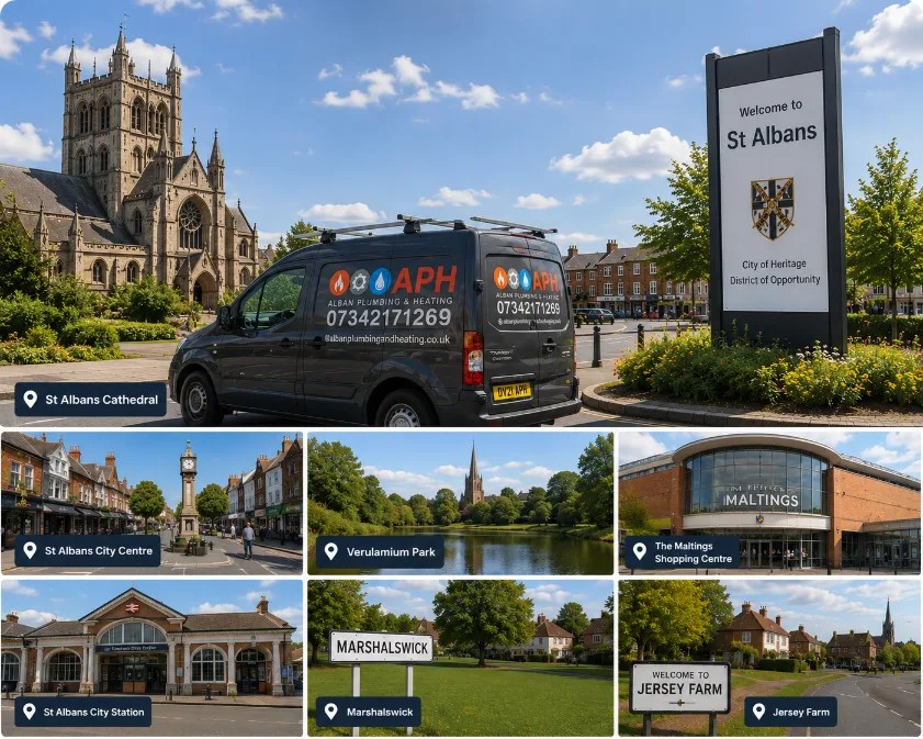 APH Plumbing and Heating van covering St Albans including Marshalswick, Jersey Farm, Verulamium Park and city centre