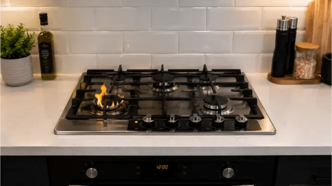 Modern gas hob installation with all burners operating safely in a contemporary kitchen.